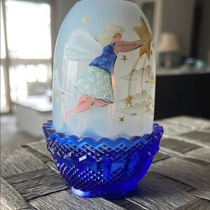 Fenton fairy light, Blue and White Fairy Art Glass 2 piece shooting star
